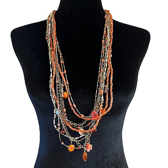 Multi Strand Necklace Coral Gold Tone White Beaded Chain Adjustable Length - Picture 1 of 4